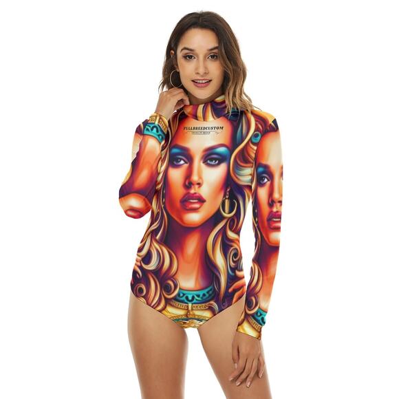 FullbreedCustom Print Women's Turtleneck Long Sleeve Bodysuit - Picture 2 of 5